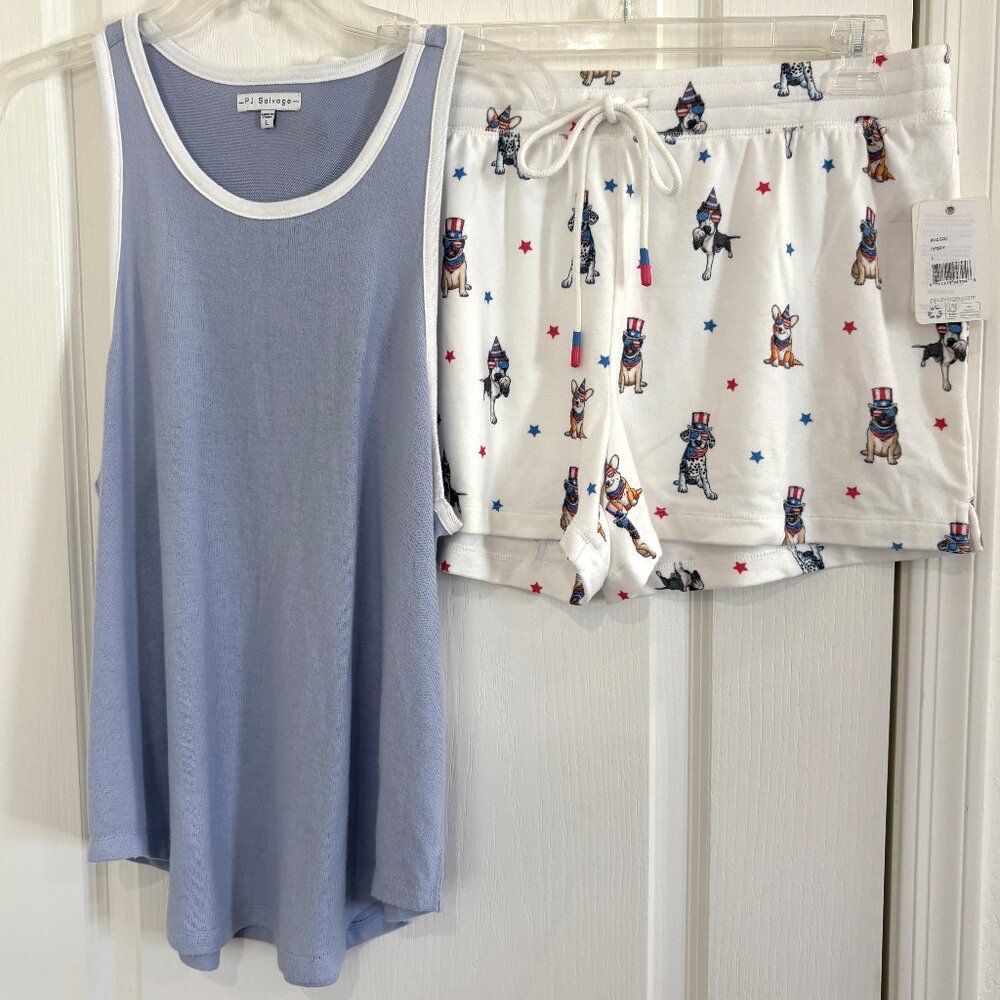 PJ Salvage 2 PC Star Spangled Dogs Pajamas Tank Top & Shorts Peachy Size Large